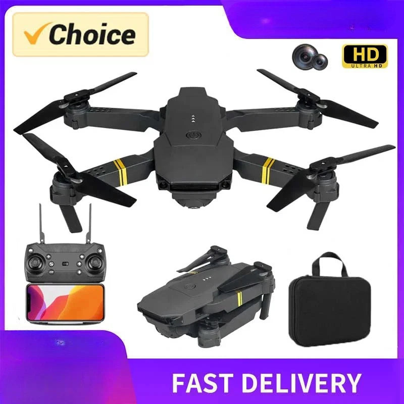 Mini black quadcopter drone with camera, remote controller, and carrying case set