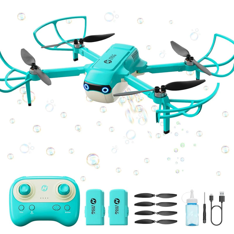 Teal foldable drone with prop guards, controller, batteries, props, and charging cables