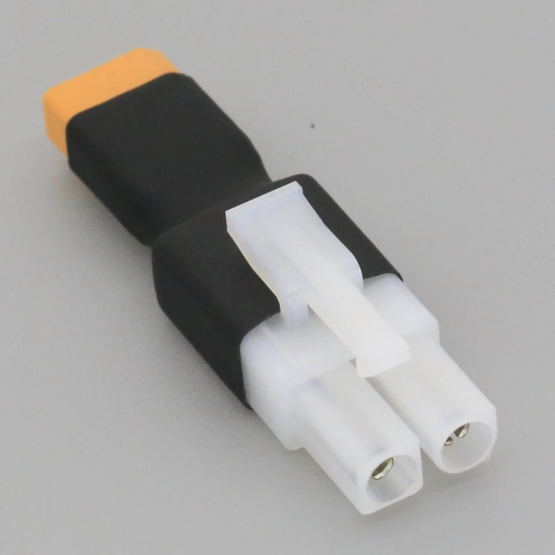 Tamiya XT30 male battery adapter, white 2-pin connector with black housing and orange cap