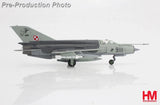 Gray 1:72 scale MIG-21 model fighter jet with Polish markings and landing gear