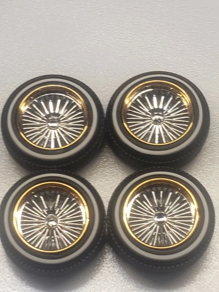 1/24-1/25 scale model car  GOLD  & Chrome Dayton  wire  rims & white wall tires