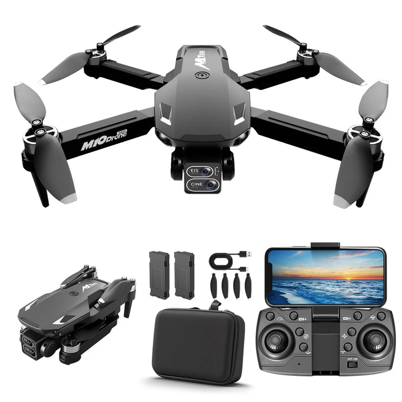 Black FPV camera drone with four propellers, action camera, remote controller and accessories