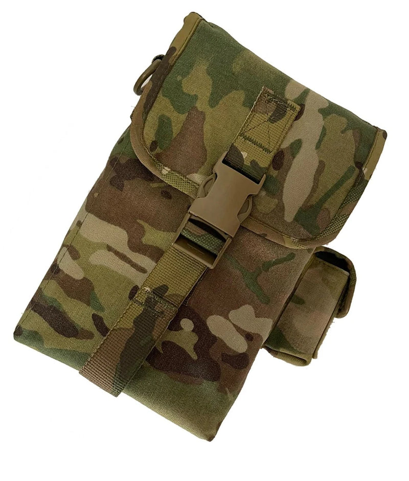 Camouflage drone protection pouch with front flap, buckles, and adjustable strap.
