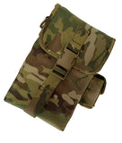 Camouflage drone protection pouch with front flap, buckles, and adjustable strap.