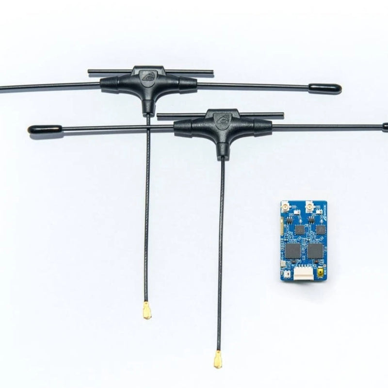 Dual-band RC ELRS receiver PCB with two antenna leads and wiring pigtails
