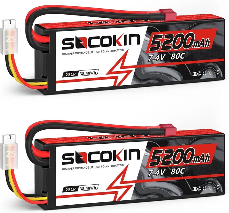 2S Lipo Battery 7.4V 5200mAh 80C Battery with Hard Case T Plug for RC Evader BX
