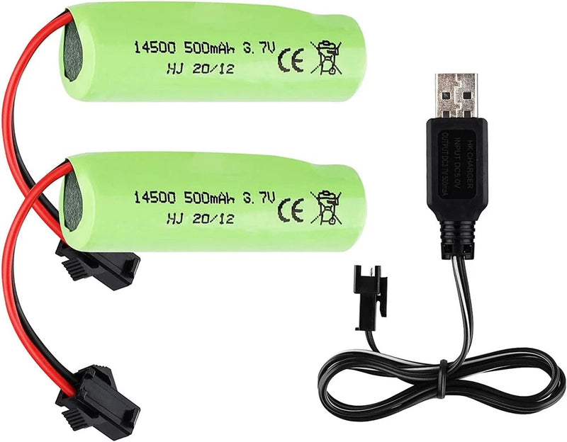 Two 14500 3.7V lithium batteries with USB charger cable, red and black leads