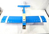 RC balsa wood model airplane with blue wings and white fuselage, front nose visible