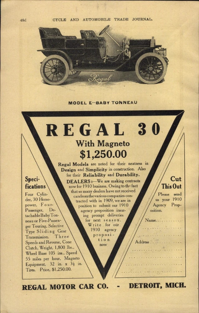 1909 PAPER AD CAR AUTO Regal 30 Model E Automobile Aplco Storage Battery Battery