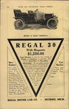 Vintage paper automobile advertisement with black Model E-baby tonneau car, Regal 30 text.
