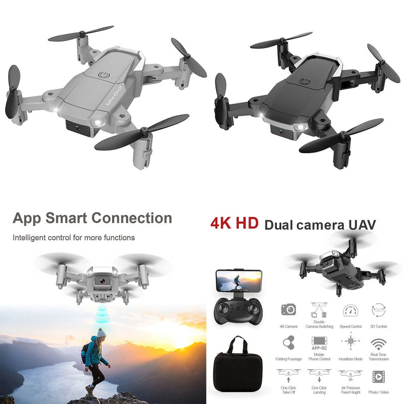Foldable mini quadcopter drone with 4K dual cameras, light and dark colors