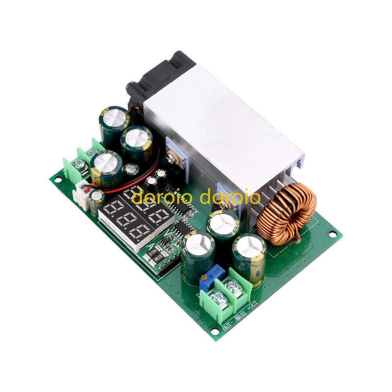 Adjustable DC-DC buck step-down module with display, green PCB, transformer coil and terminals