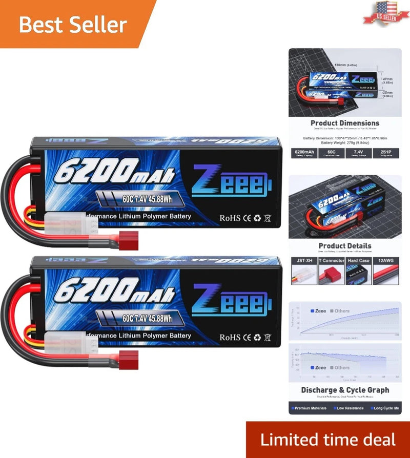 2-Pack 6200mAh 7.4V 60C Hard Case Lipo Battery with T Connector for RC Racing Battery