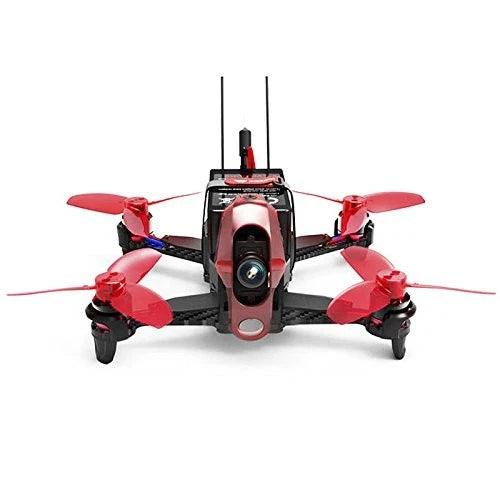 Red and black FPV quadcopter drone with front camera and two antennas