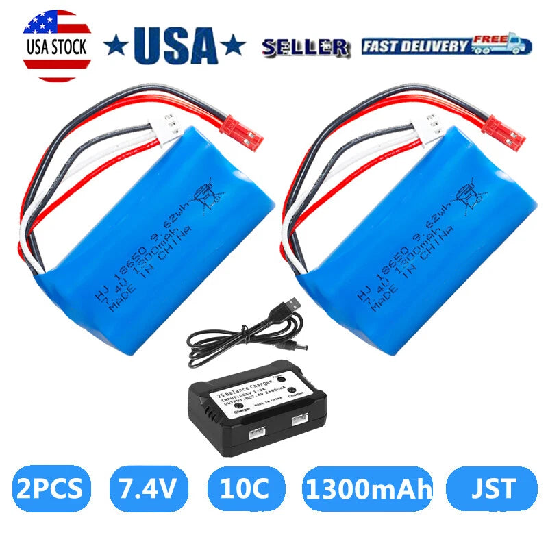 2Pcs 1300mAh Li-ion Battery 7.4V 15C 2S JST Plug Connector + USB Charger for RC Battery