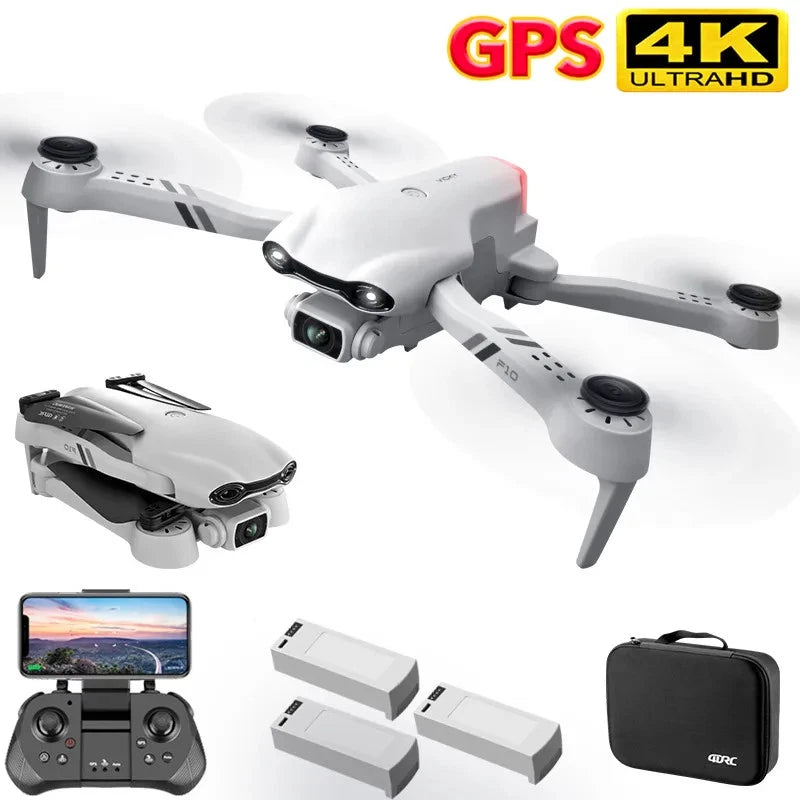White GPS 4K drone with dual camera, folding propellers, controller and case