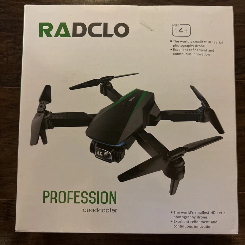 RADCLO mini foldable quadcopter drone with camera, shown in retail packaging