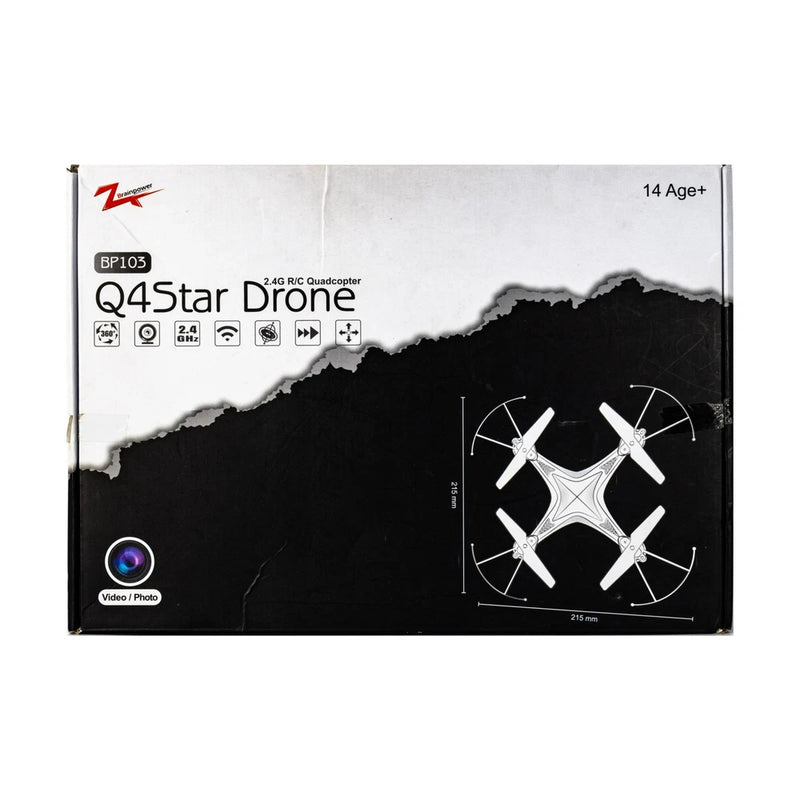 Q4Star radio-controlled quadcopter drone box with 4-blade drone graphic