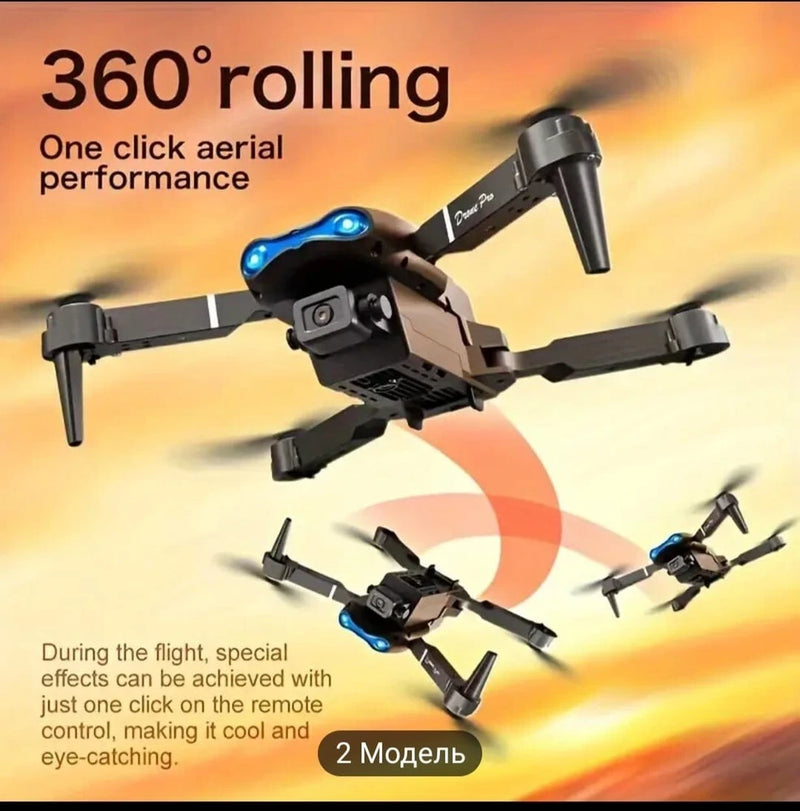Foldable dual-camera drone toy with blue accents and black body, four rotors visible