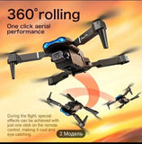 Foldable dual-camera drone toy with blue accents and black body, four rotors visible