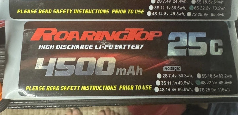 RoaringTop LiPo battery pack label, 4500mAh 6S, EC5 plug, 25C, 22.2V