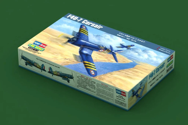 Hobbyboss 1/48 F4U-7 Corsair model kit box with blue aircraft illustration