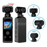 Black handheld action camera with flip screen and 270° rotating lens housing