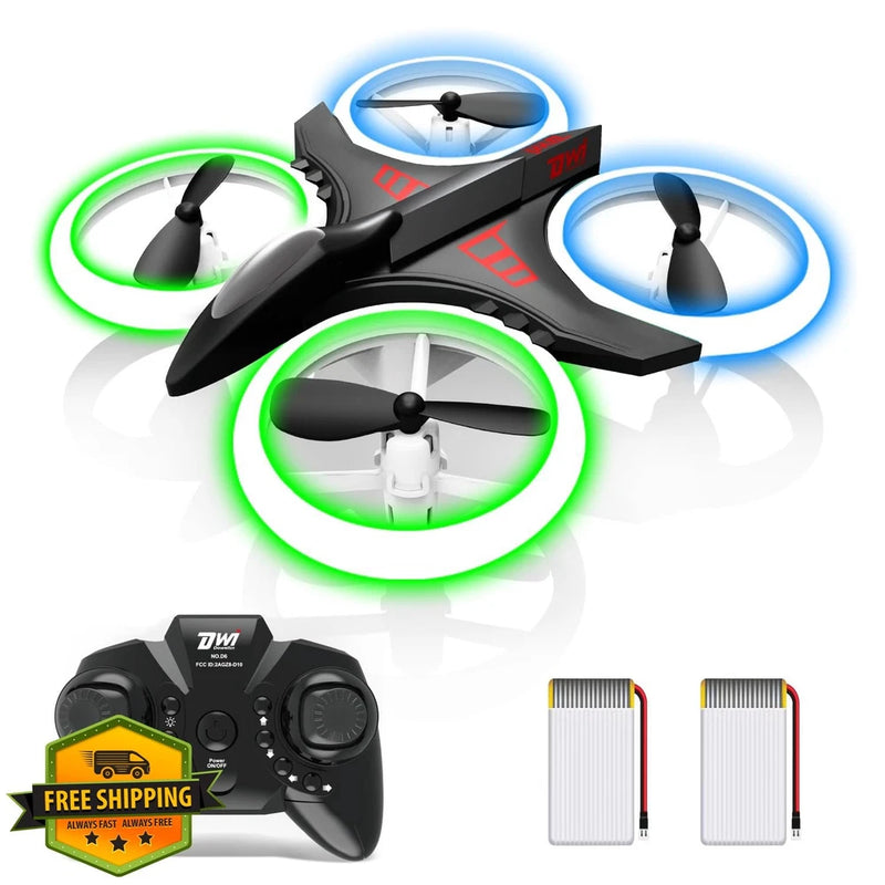 Black mini quadcopter drone with glowing prop rings and remote controller