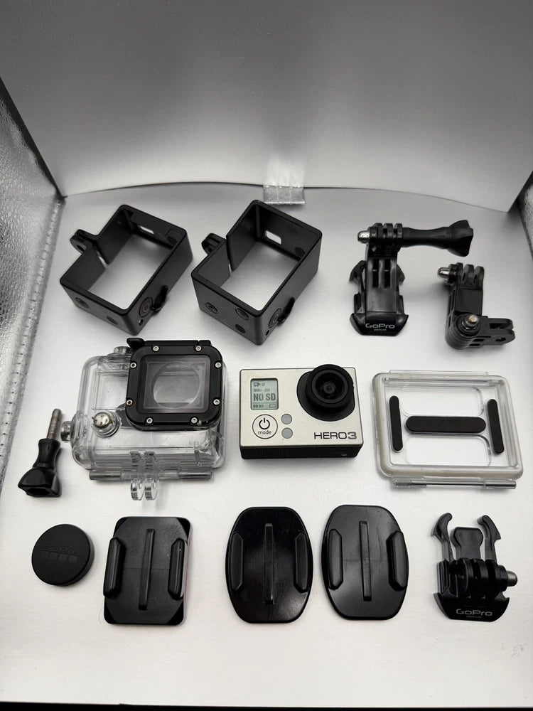 GoPro HERO3 action camera kit with waterproof case, mounts, and accessories set