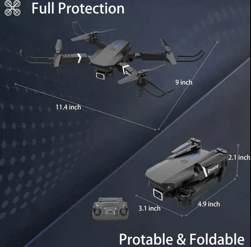 Foldable zoom drone with remote controller, compact size shown