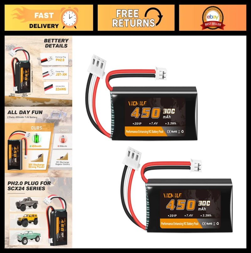 7.4V 450mAh Lipo Battery 2S 30C Rechargeable for 1/10 1/16 1/18 1/24 RC Cars Tru Battery