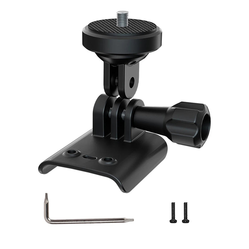 Black drone camera/light mount kit with base plate, arm, tube, screws, and Allen key