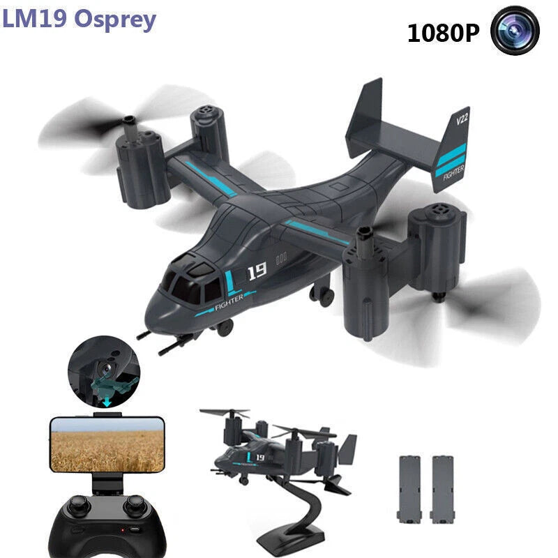 RC 1080P WiFi drone plane with LED lights, controller and display, foldable landing gear