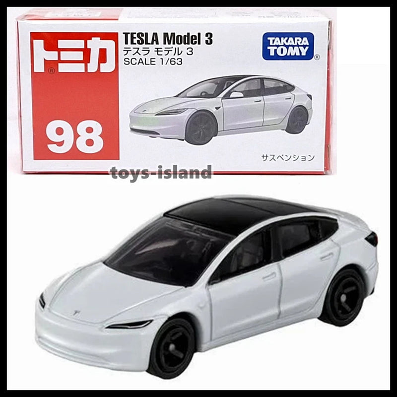 TOMICA 1/63 die-cast Tesla Model 3 car in white, black wheels and windows