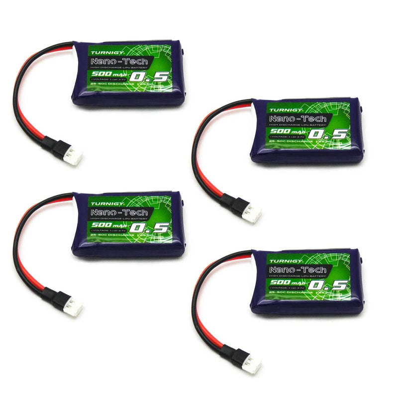 4-pack Turnigy Nano-Tech LiPo battery packs with red/black leads and white connectors