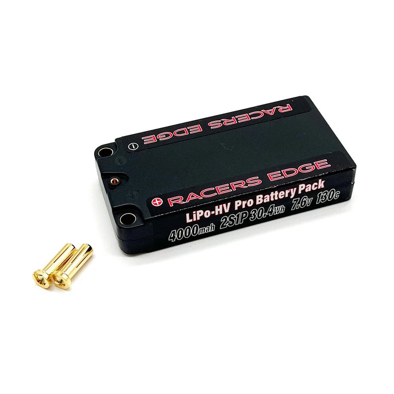 Black Racers Edge LiPo-HV pro battery pack with red branding and gold connectors