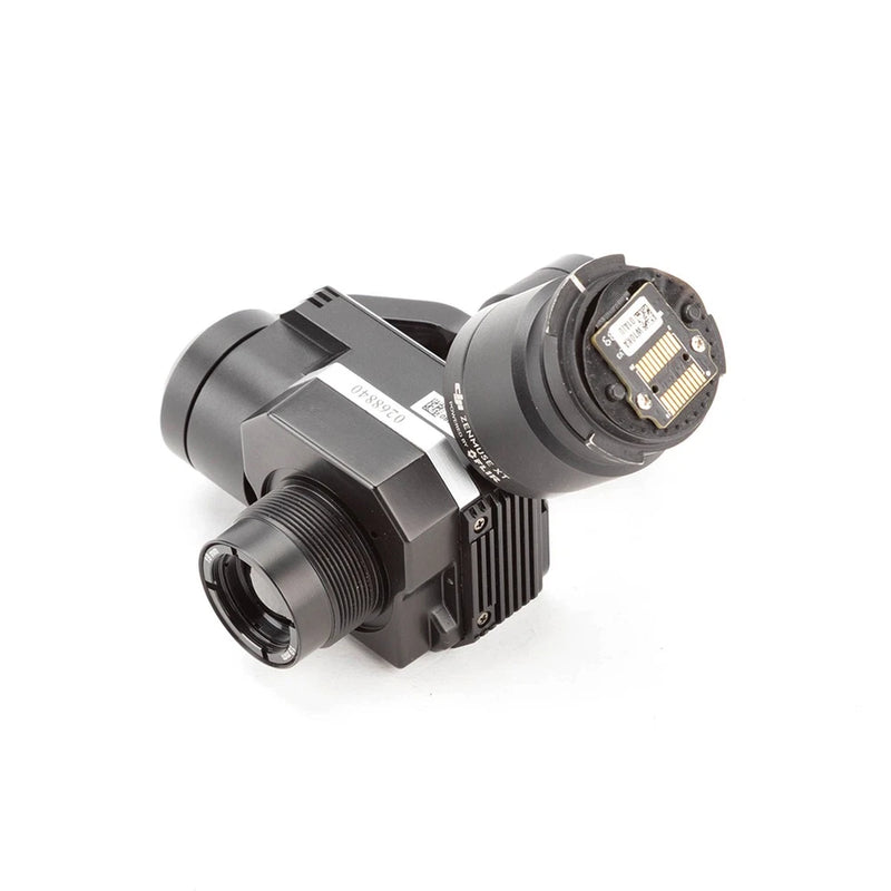 Thermal camera gimbal with lens, black cylindrical housing and rear connector panel