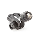 Thermal camera gimbal with lens, black cylindrical housing and rear connector panel