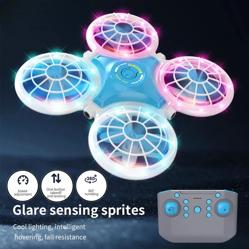 Mini LED quadcopter drone with glowing ring propellers and remote controller, 4-channel toy