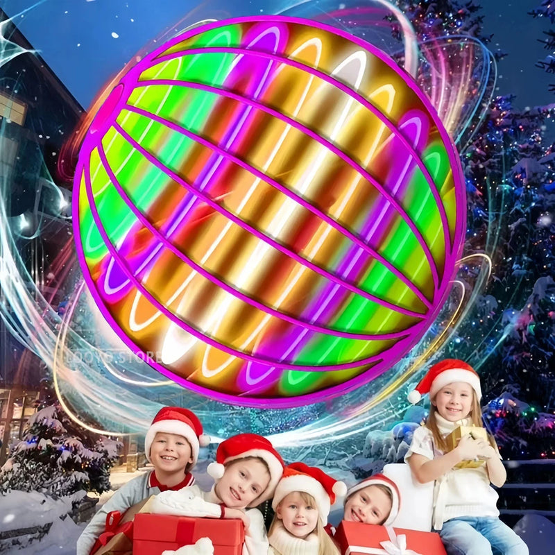 LED light hover ball drone with colorful ring cage and glowing multicolor lights