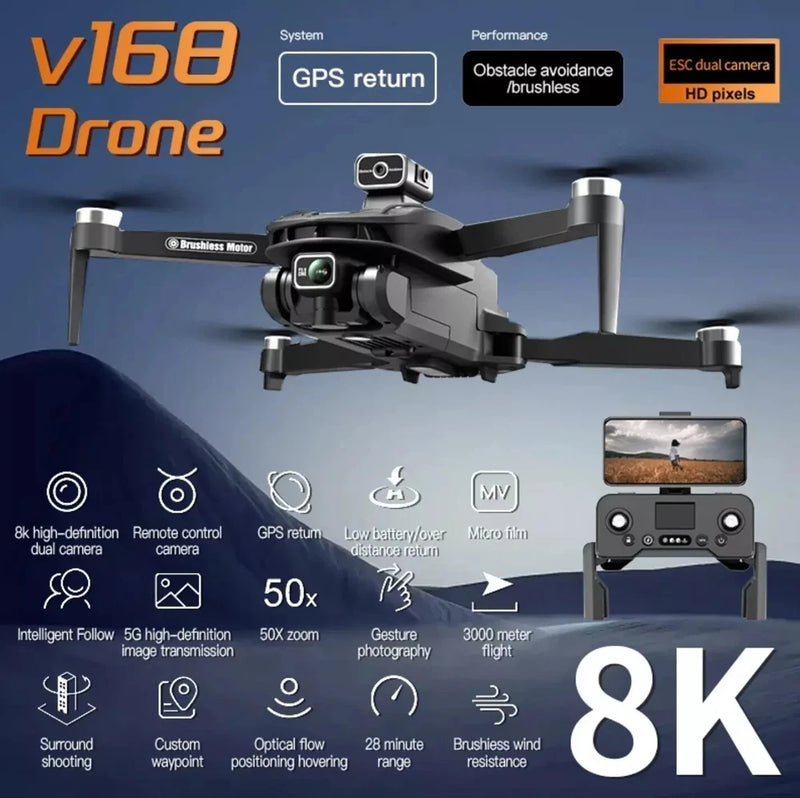 V168 black quadcopter drone with front dual camera and four landing legs