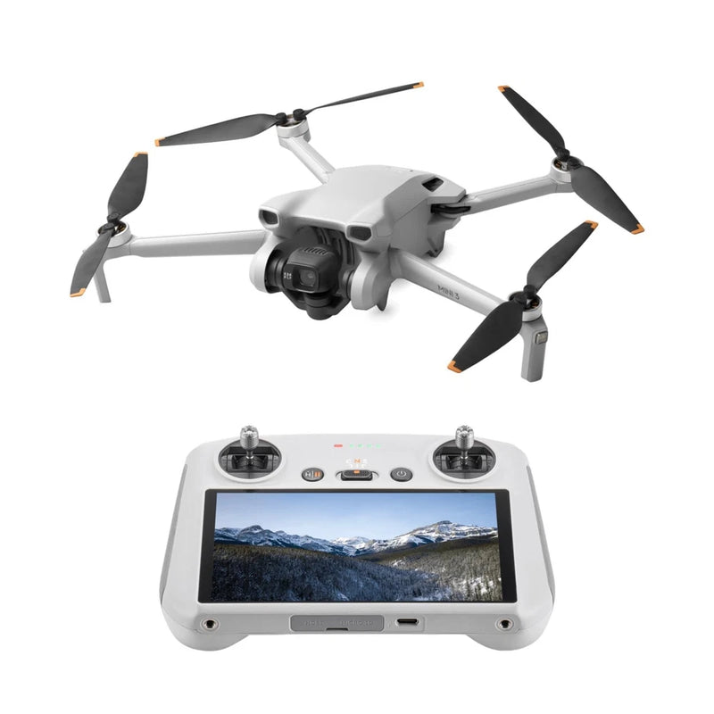 White folding drone with camera and black propellers with remote controller display