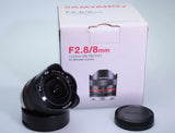 Samyang F2.8 8mm aspherical fisheye lens with black housing and front glass