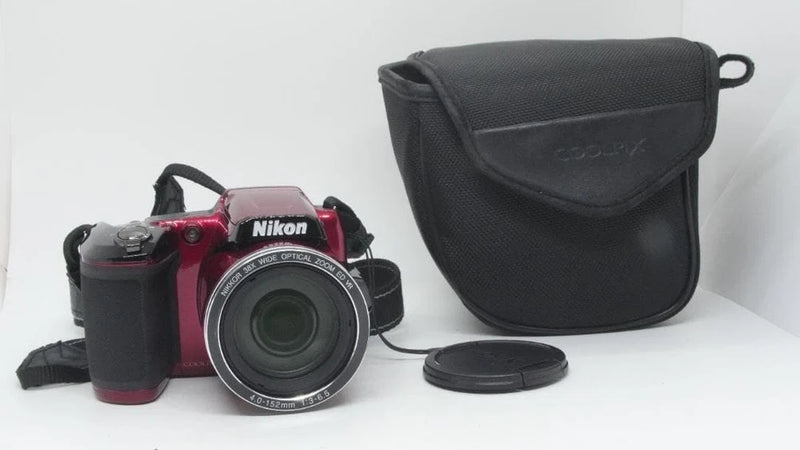 Red Nikon COOLPIX L840 digital camera with black lens, strap, and soft storage case
