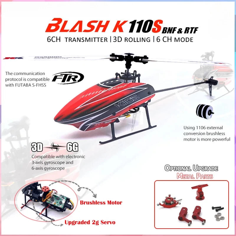 Red and black RC helicopter drone with 3D rolling system and brushless motor