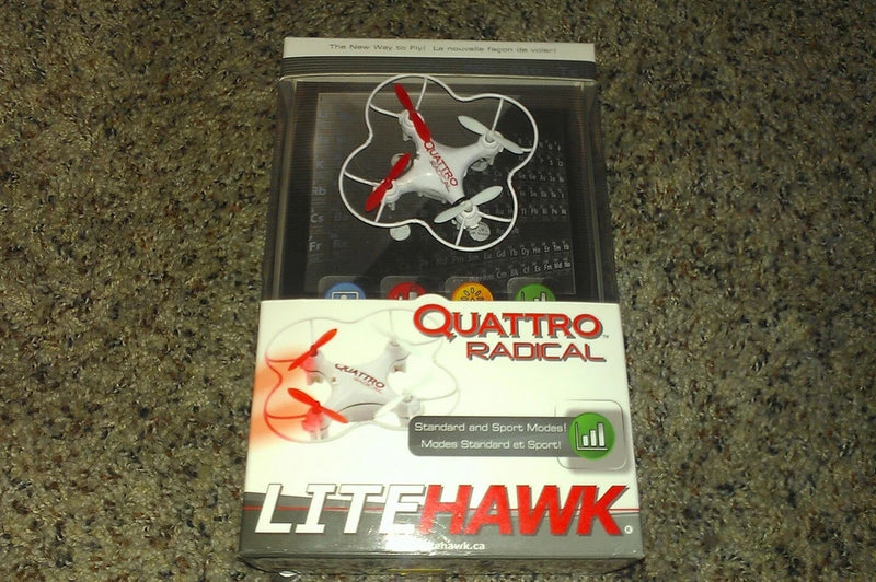 Litehawk Quattro Radical drone in retail box with drone and control graphics