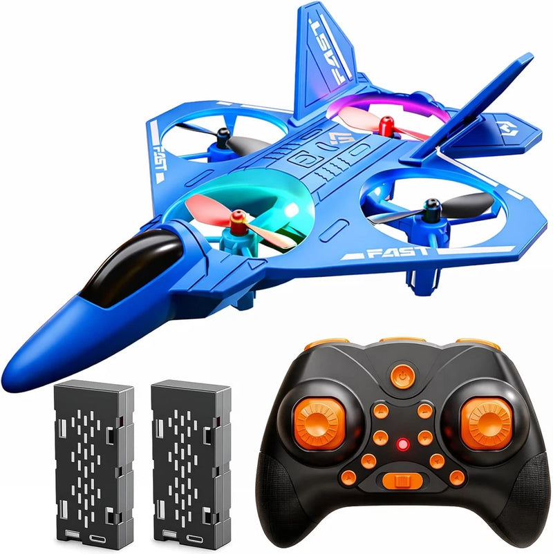 Blue mini RC fighter jet drone with black controller and two gray charging blocks