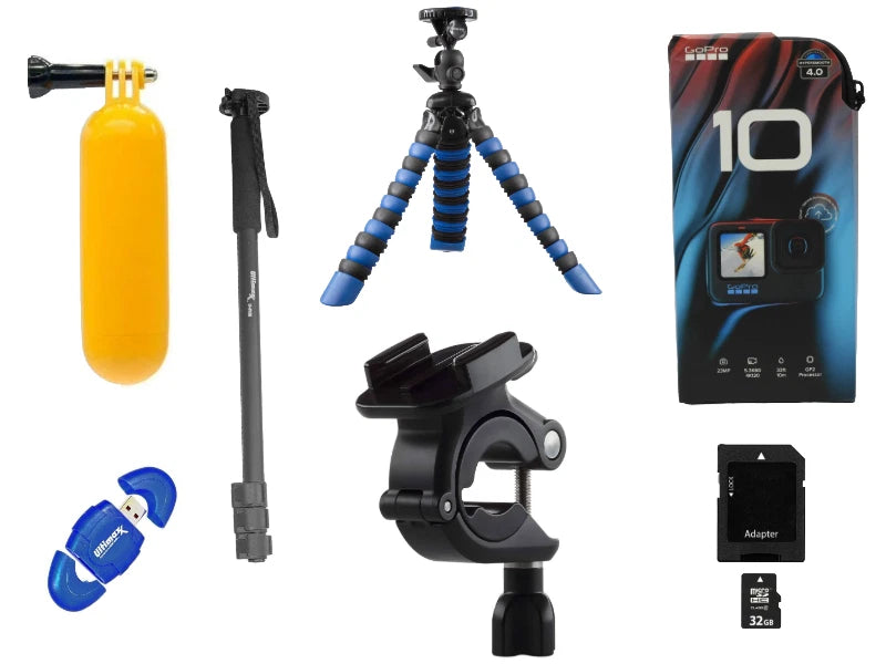 GoPro action camera accessories bundle with selfie stick, tripod mount, and 32GB card