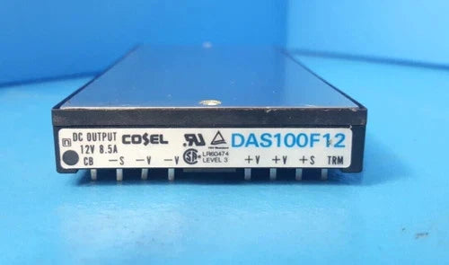 DC-DC converter with COSEL DAS100F12 label, 12V 8.5A output and terminal pins