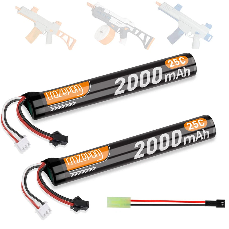 2-pack 7.4V 2000mAh 25C airsoft battery with SM2P–Tamiya cable